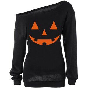 Women's Halloween Pumpkin Long Sleeve Slouchy Sweatshirt Off Shoulder